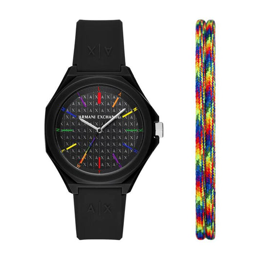 Image of Bracelets. Productname: Armani Exchange Three-Hand Black Silicone Watch and Bracelet Set AX7158SET in Watch colour by brand - Armani Exchange