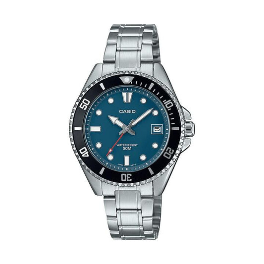 Image of Watches. Productname: Casio Silver and Blue Analogue Watch MDV10D-2A1 in Watch colour by brand - Casio