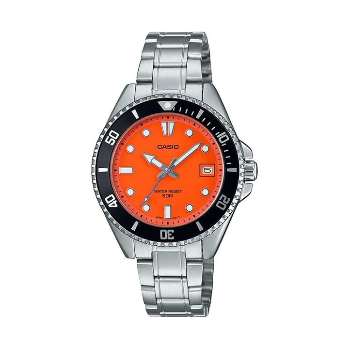 Image of Watches. Productname: Casio Silver and Orange Analogue Watch MDV10D-4A1 in Watch colour by brand - Casio