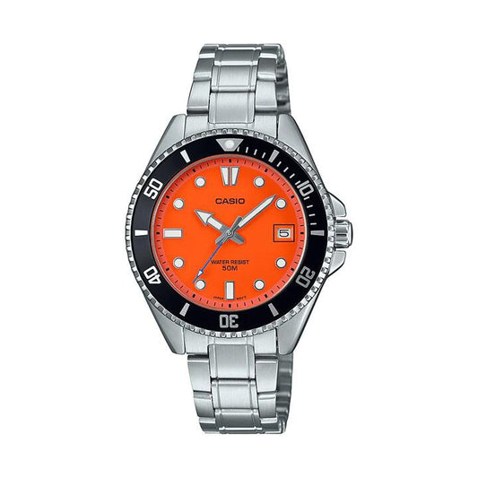Image of Watches. Productname: Casio Silver and Orange Analogue Watch MDV10D-4A1 in Watch colour by brand - Casio