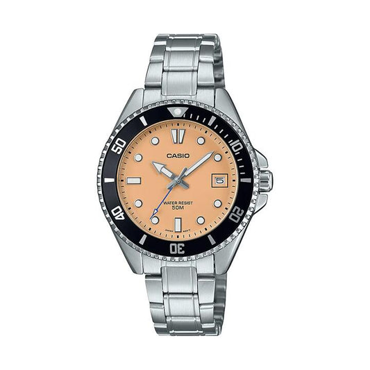 Image of Watches. Productname: Casio Silver and Orange Analogue Watch MDV10D-4A2 in Watch colour by brand - Casio