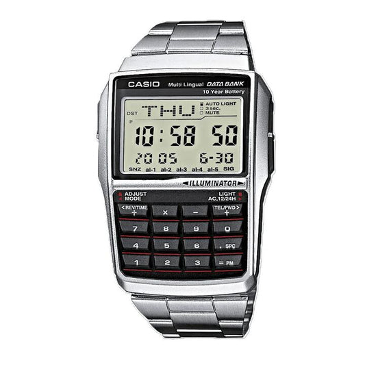 Image of Watches. Productname: Casio Vintage Digital Calculator Silver Tone Watch DBC32D-1 in Watch colour by brand - Casio