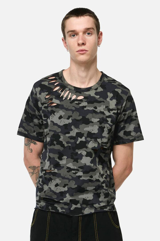 Image of a model wearing Tops. Productname: Disruptive Camo Grunge Tee in Grey colour by brand - Dangerfield
