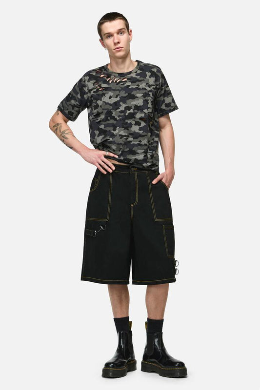 Image of a model wearing Shorts. Productname: Signals Goth Trim Cargo Short in Black colour by brand - Dangerfield
