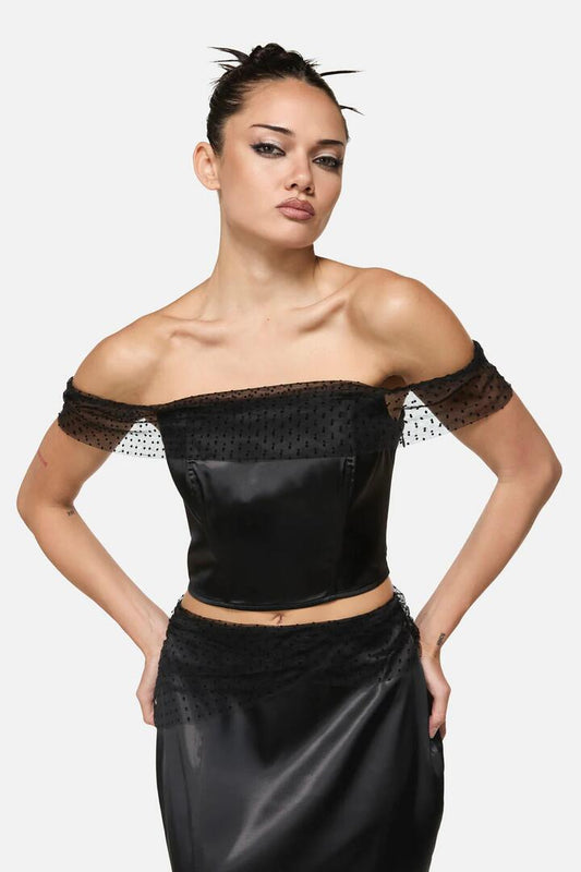 Image of a model wearing Tops. Productname: Esmeralda Formal Goth Top in Black colour by brand - Black Friday