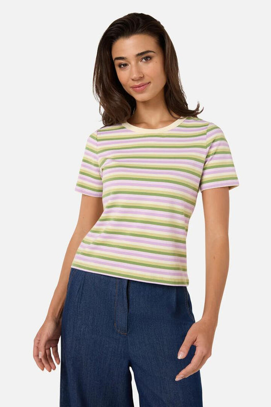 Image of a model wearing Tops. Productname: Lena Orchard Stripe Tee in Grape colour by brand - Princess Highway