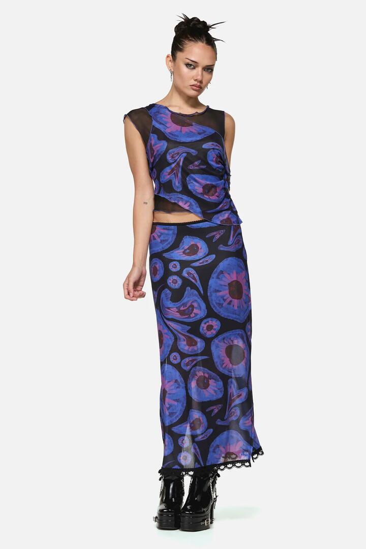 Image of a model wearing Skirts. Productname: Unseen Geo Mesh Skirt in Blue/Black colour by brand - Black Friday