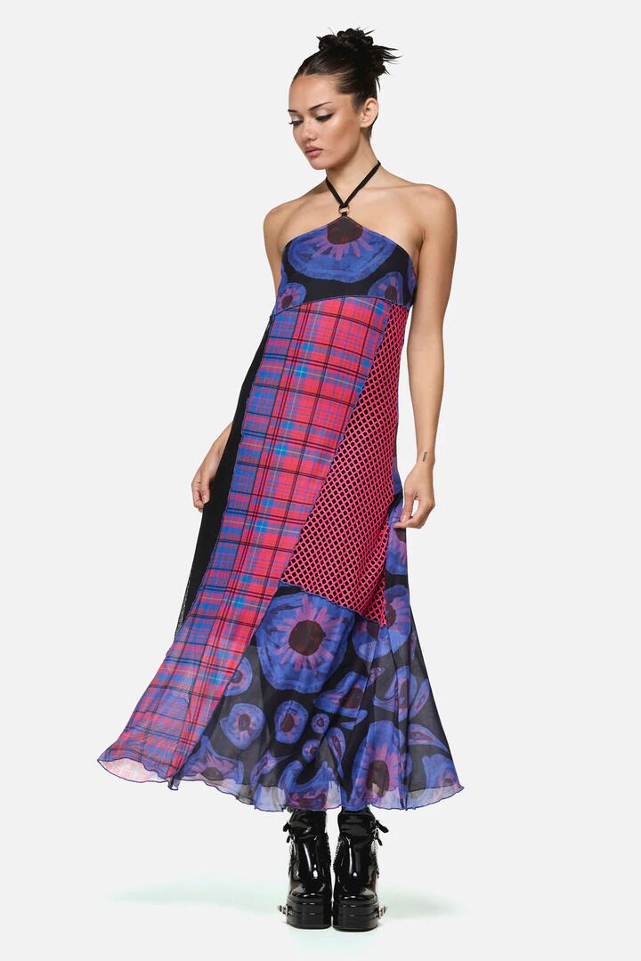 Image of a model wearing Tops. Productname: Unseen Patchwork Halter Dress in Multi colour by brand - Black Friday