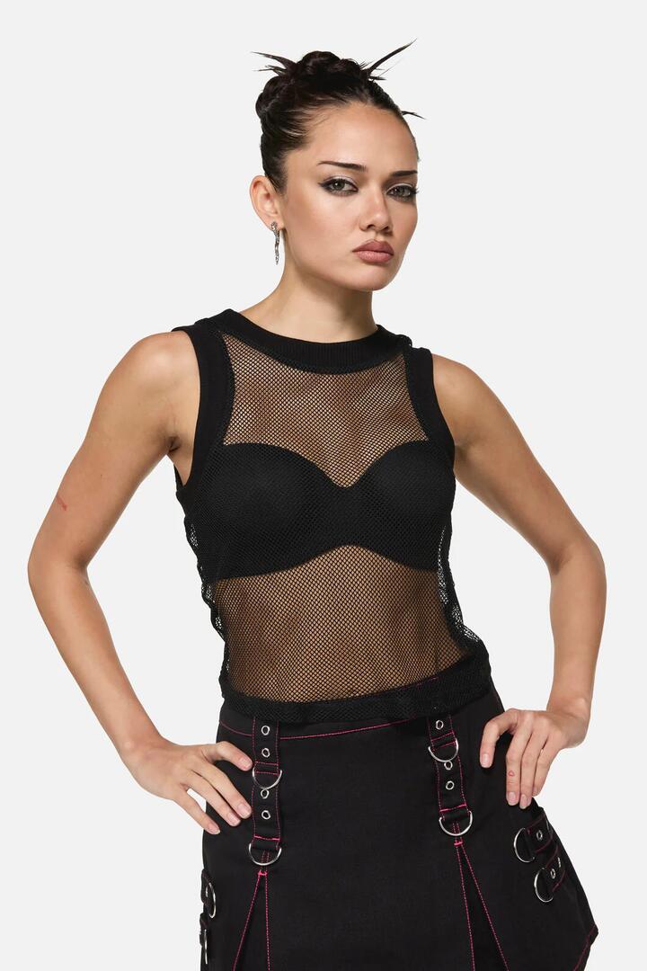 Image of a model wearing Tops. Product name - Black Grunge Fishnet Tank in Blue colour by brand - Black Friday