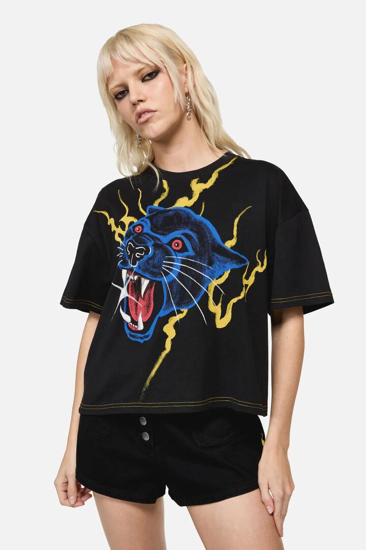 Image of a model wearing Tops. Productname: Rawr Oversized Punk Tee in Black colour by brand - Dangerfield