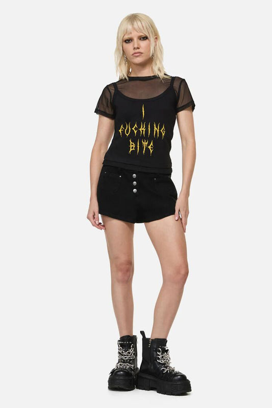 Image of a model wearing Tops. Productname: Biter Punk Layer Top in Black colour by brand - Dangerfield