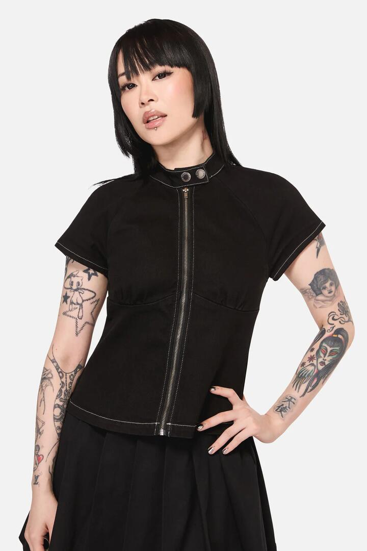 Image of a model wearing Tops. Productname: Curse Zip Up Top in Black colour by brand - Black Friday