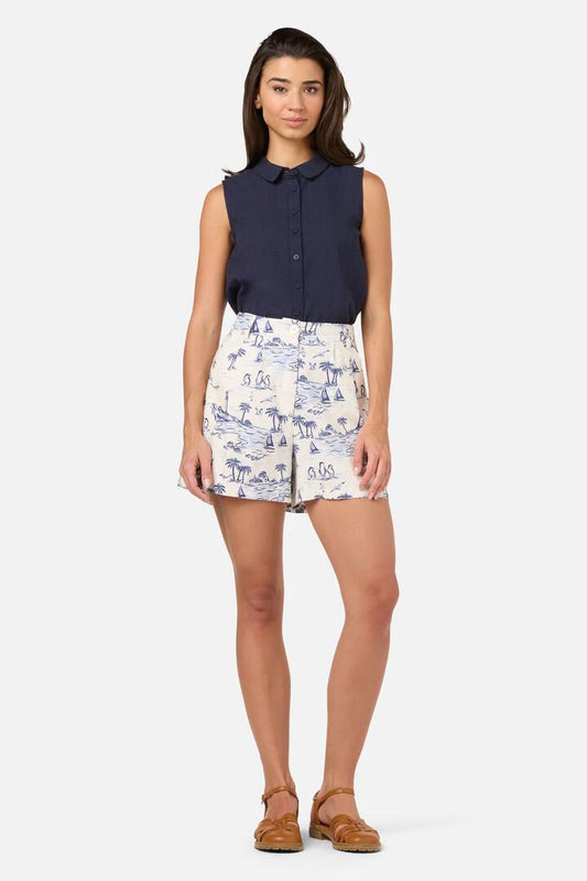 Image of a model wearing Shorts. Productname: Seaside Toile Short in Blue colour by brand - Princess Highway