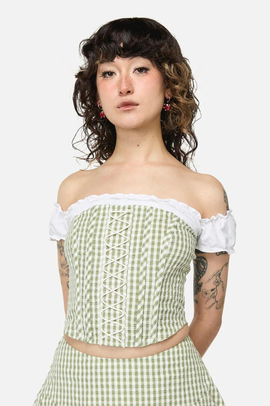 Image of a model wearing Tops. Productname: Ladybug Cottagecore Corset Top in Green/Cream colour by brand - Dangerfield