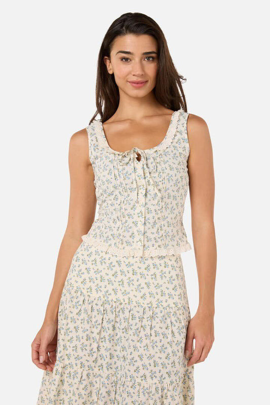 Image of a model wearing Tops. Productname: Elodie Ditsy Corset Top in Blue colour by brand - Princess Highway