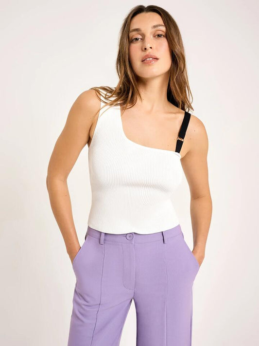 Image of a model wearing Tops. Productname: Lulu & Rose Camellia Knit Top in Off White-Blk colour by brand - Lulu & Rose