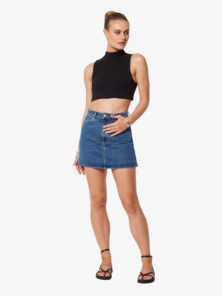 Image of a model wearing Skirts. Productname: Abrand Aline Skirt Bella in Mid Blue colour by brand - Abrand