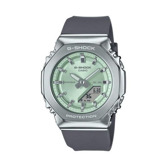 Image of Watches. Productname: Casio G Shock G Steel Silver and Green Digital Watch GMS2110-3A in Watch colour by brand - Casio G Shock