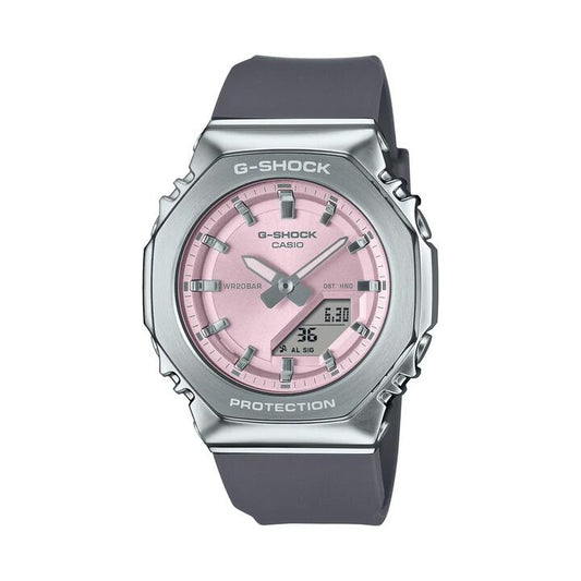 Image of Watches. Productname: Casio G Shock G Steel Silver and Pink Digital Watch GMS2110-4A in Watch colour by brand - Casio G Shock