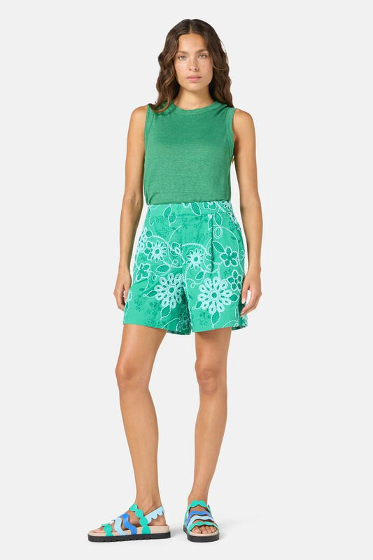 Image of a model wearing Shorts. Productname: Flower Fizz Embroidered Short in Green colour by brand - Gorman