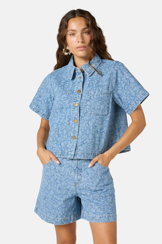 Image of a model wearing Denim. Productname: Sea Bubbles Denim Shirt in Print colour by brand - Gorman