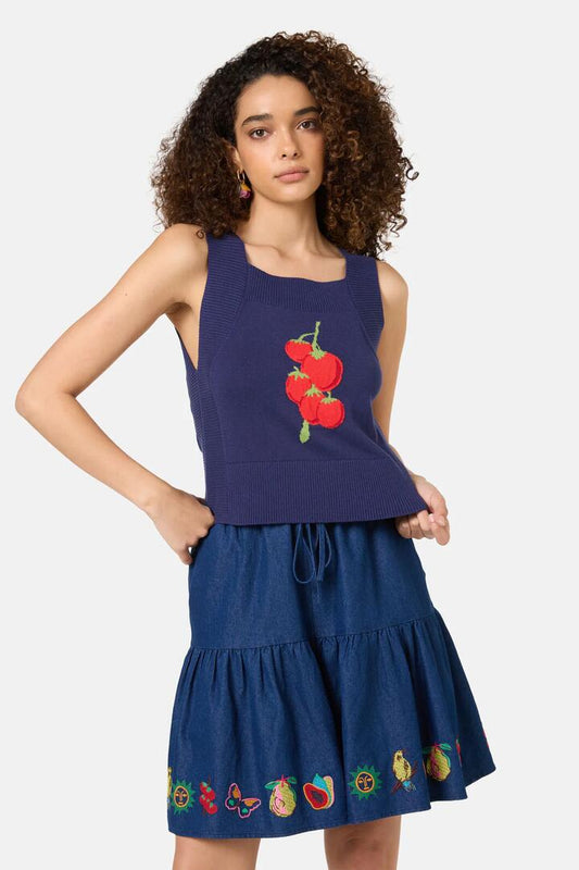 Image of a model wearing Tops. Product name - Postcards Organic Knit Tank in Navy colour by brand - Gorman