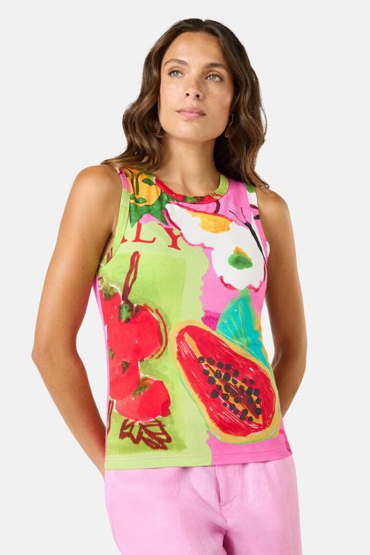 Image of a model wearing Tops. Productname: Pen Pals Printed Jersey Tank in Print colour by brand - Gorman