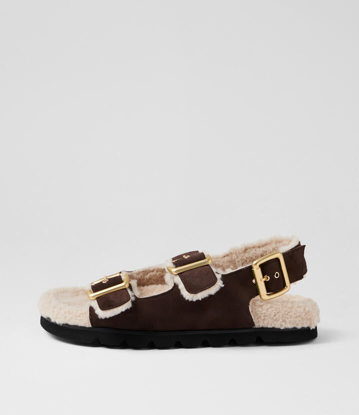 Image of Sandals. Productname: Elidie Dark Choc Natural Suede Faux Fur Sandals in Dk Choc-Natural colour by brand - MOLLINI