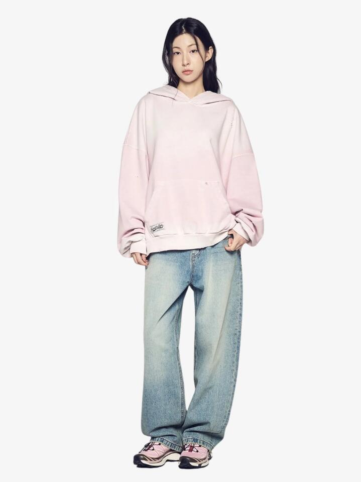Image of a model wearing Outerwear. Productname: ADLV Distressed Hoodie in Light Pink colour by brand - ADLV