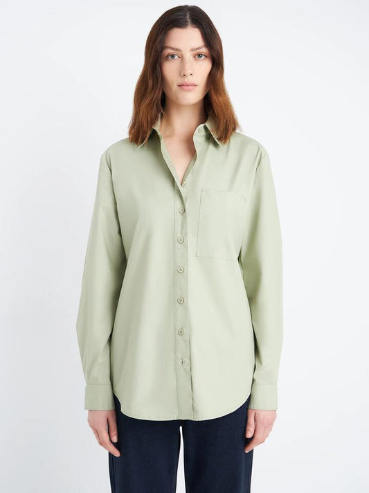 Image of a model wearing Tops. Productname: Lulu & Rose Mira Shirt in Light Sage colour by brand - Lulu & Rose