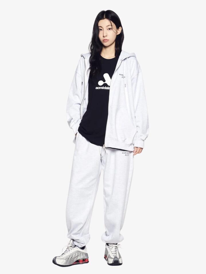 Image of a model wearing Outerwear. Productname: ADLV Border Line Basic Logo Hoodie Zip in Grey Melange colour by brand - ADLV