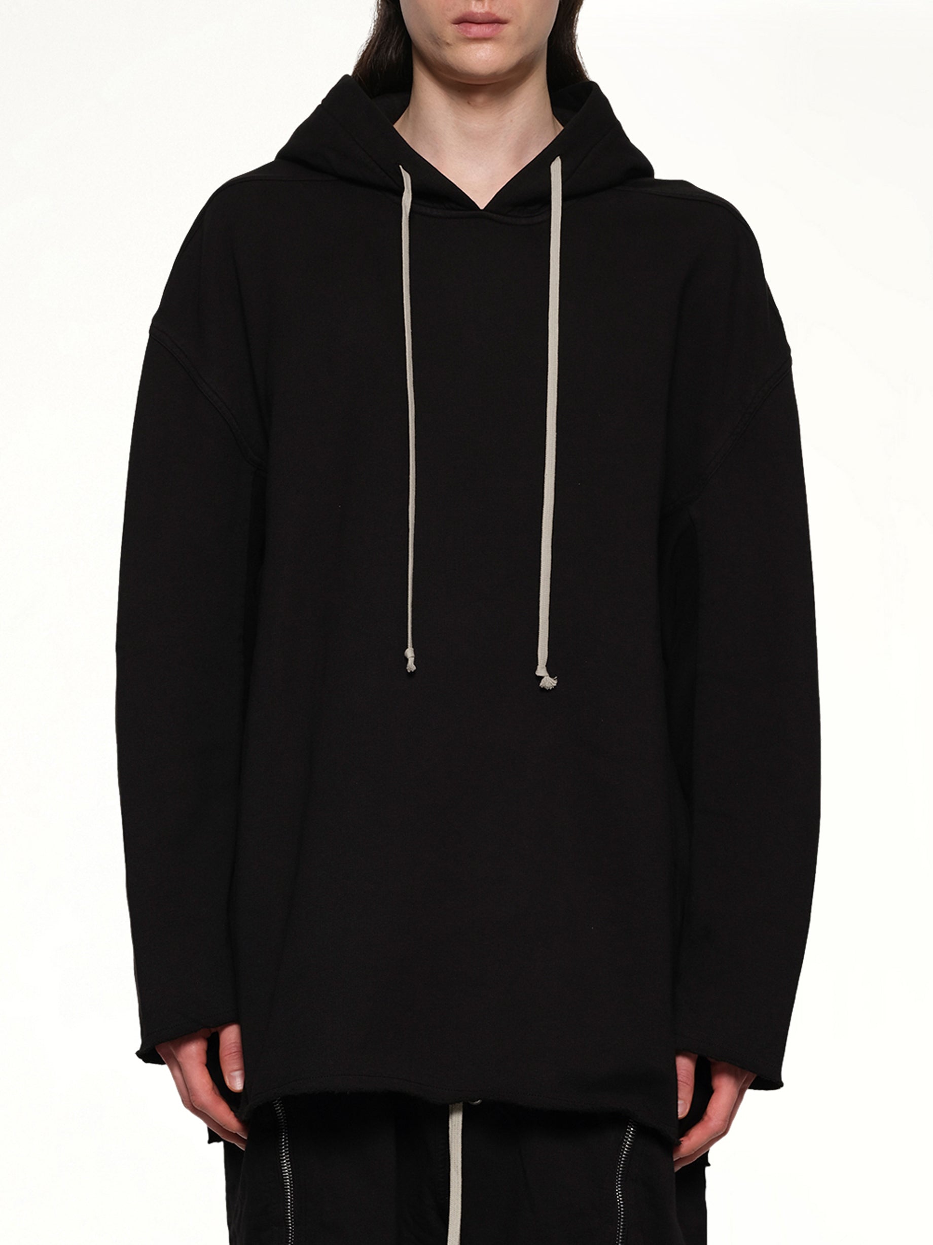 Image of a model wearing Outerwear. Productname: RICK OWENS DRKSHDW Peter Hoodie in Black colour by brand - RICK OWENS DRKSHDW
