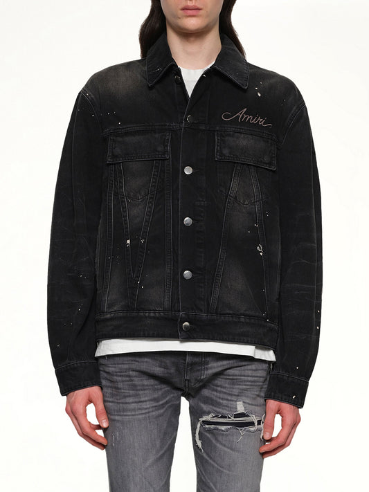 Image of Coats & Jackets. Productname: AMIRI Bleach Bandana Denim Jacket in FADED BLACK colour by brand - AMIRI