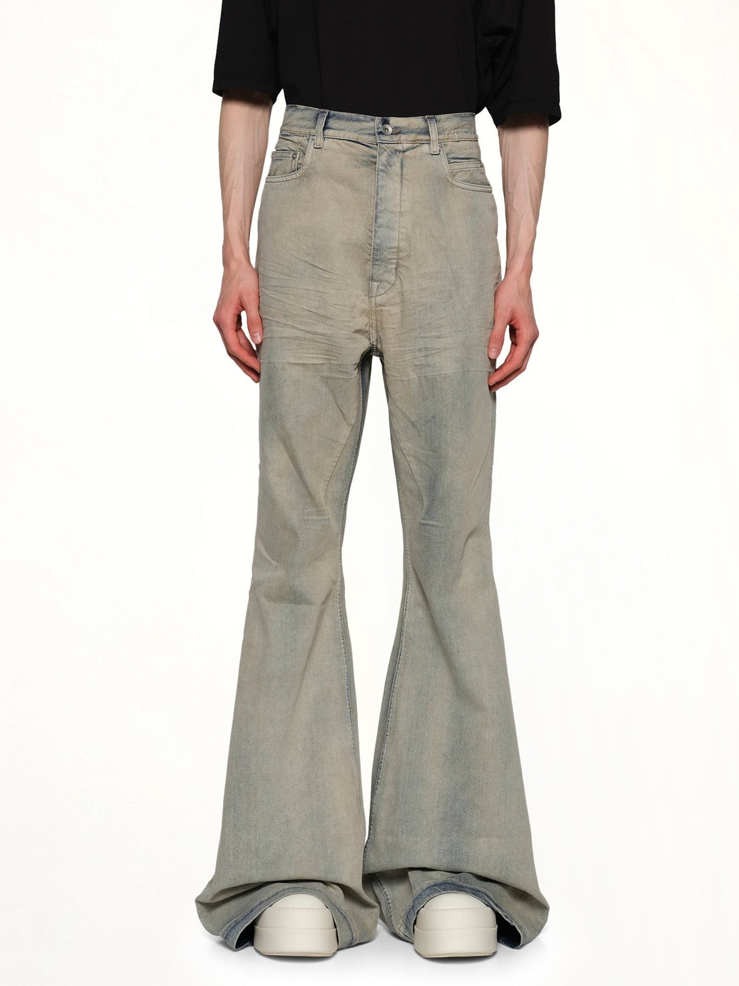 Image of a model wearing Denim. Productname: RICK OWENS DRKSHDW Bolan Bootcut in Mineral Peral colour by brand - RICK OWENS DRKSHDW