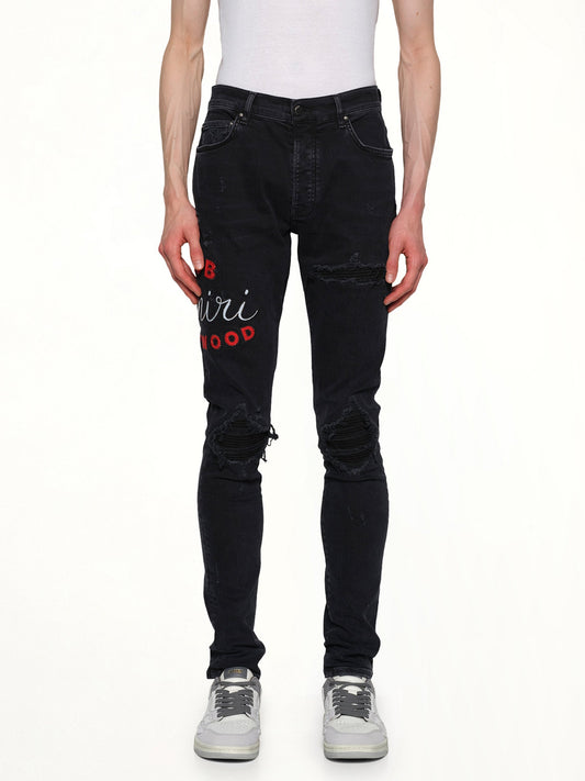 Image of a model wearing Denim. Productname: AMIRI Club Amiri MX1 Jean in BLACK colour by brand - AMIRI