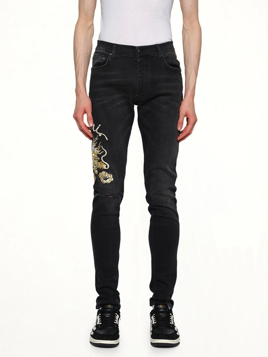 Image of Jeans. Product name - Amiri Dragon Repair Slim Jean in Black colour by brand - AMIRI