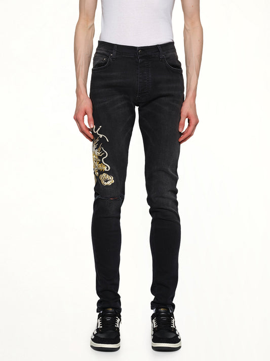 Image of Jeans. Product name - Amiri Dragon Repair Slim Jean in Black colour by brand - AMIRI