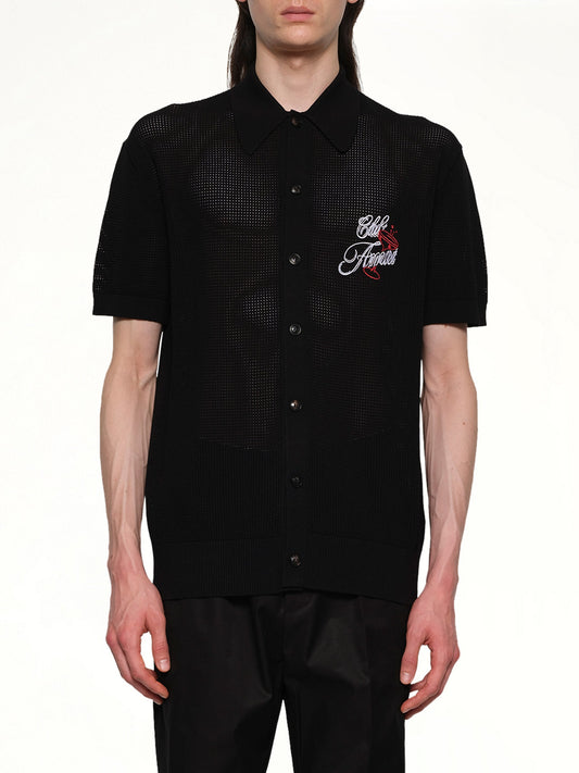 Image of a model wearing Tops. Productname: AMIRI Club Amiri Crochet Shirt in BLACK colour by brand - AMIRI