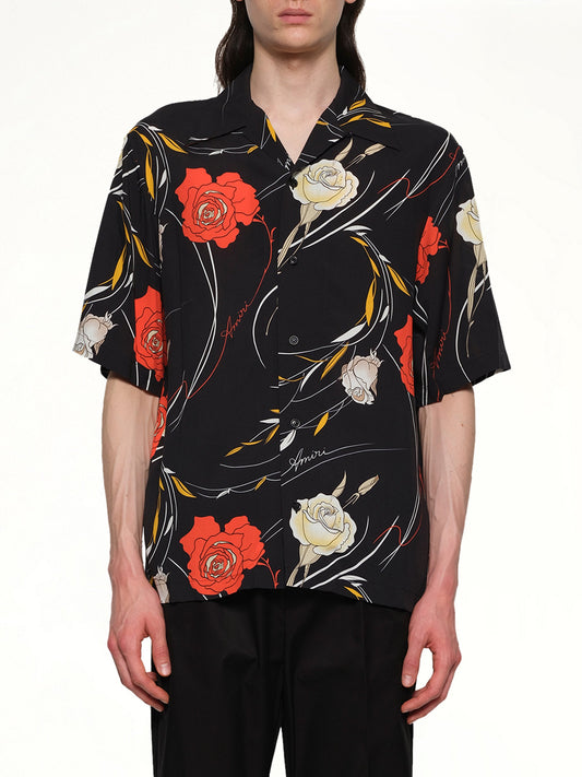 Image of a model wearing Tops. Productname: AMIRI Floral Camp Shirt in BLACK colour by brand - AMIRI