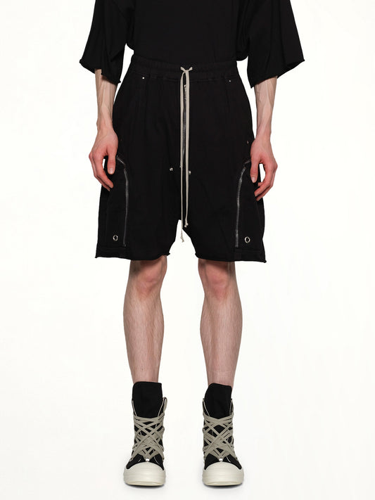 Image of a model wearing Shorts. Productname: RICK OWENS DRKSHDW Bauhaus Shorts in Black colour by brand - RICK OWENS DRKSHDW