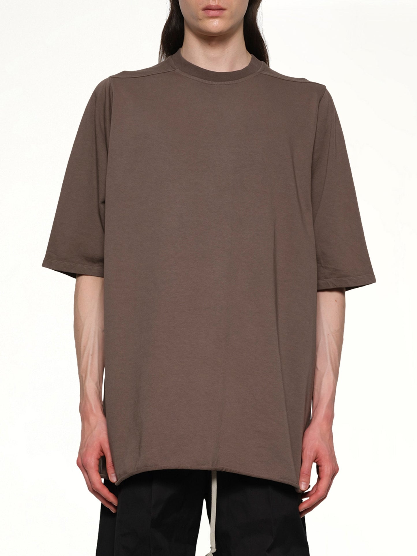 Image of a model wearing Tops. Productname: RICK OWENS Jumbo T-Shirt in Dust colour by brand - RICK OWENS