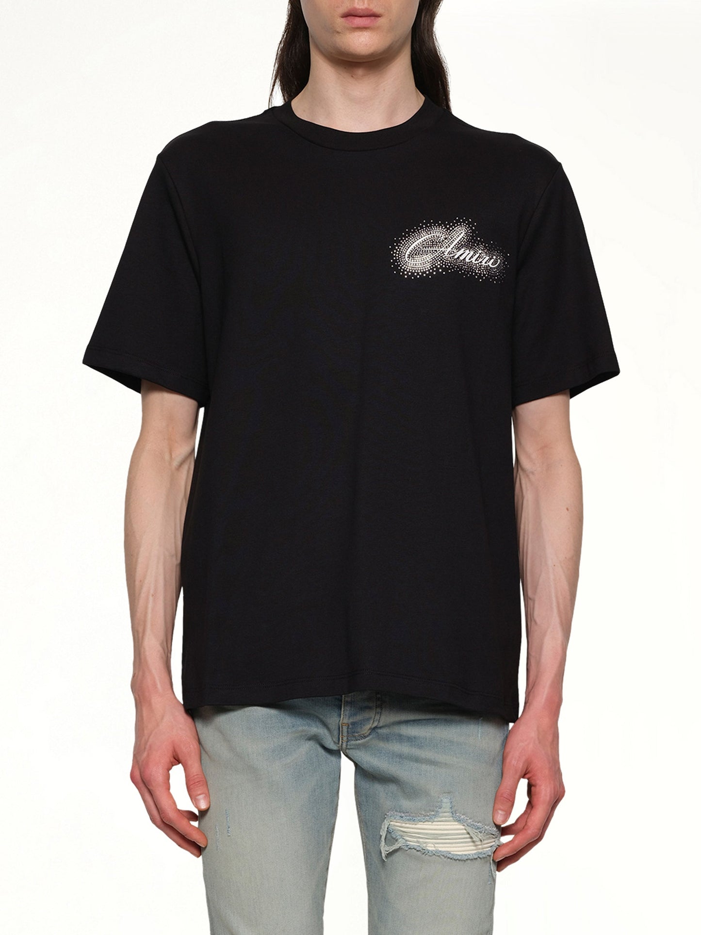 Image of a model wearing Tops. Productname: AMIRI Amiri Script Tee in BLACK colour by brand - AMIRI