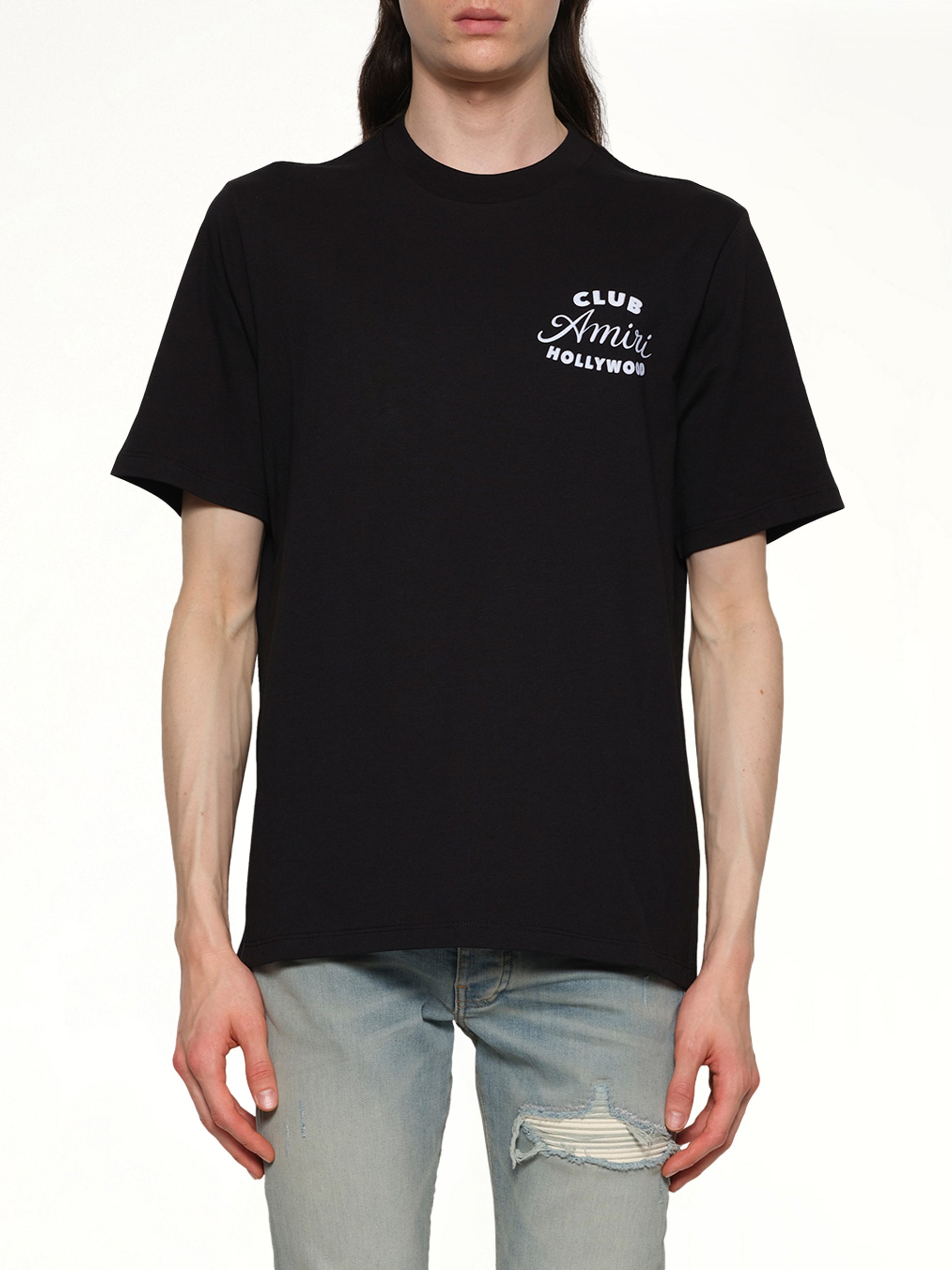 Image of a model wearing Tops. Productname: AMIRI Club Amiri Tee in BLACK colour by brand - AMIRI