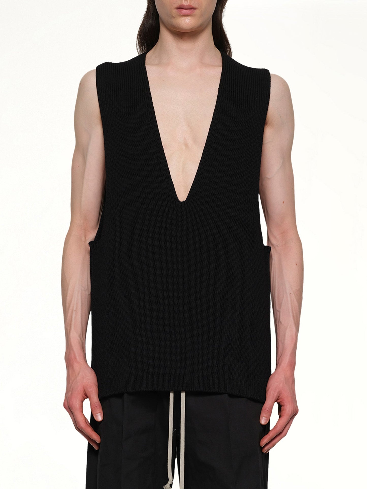 Image of a model wearing Tops. Productname: RICK OWENS V Tank Top in Black colour by brand - RICK OWENS