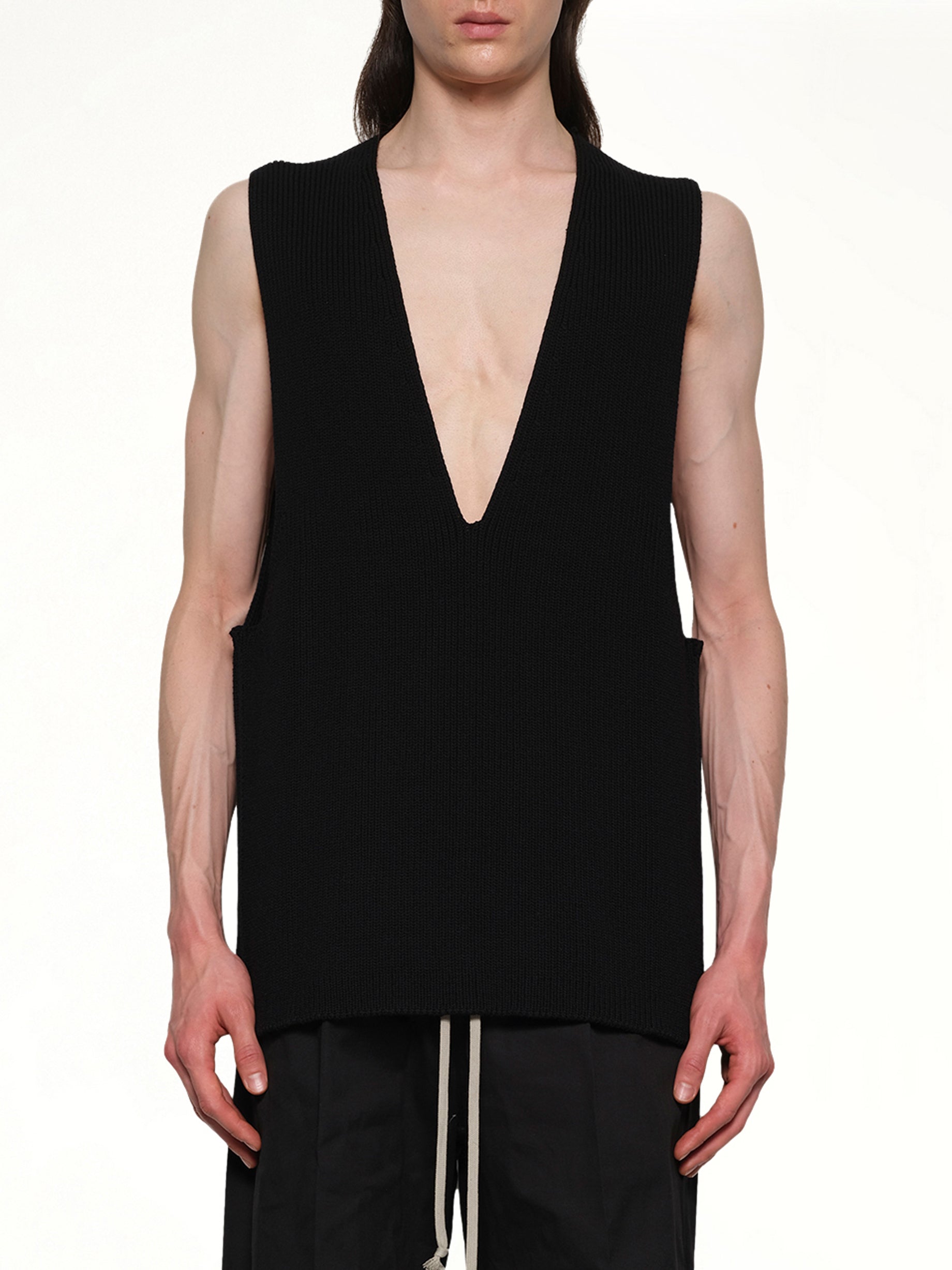 Image of a model wearing Tops. Productname: RICK OWENS V Tank Top in Black colour by brand - RICK OWENS
