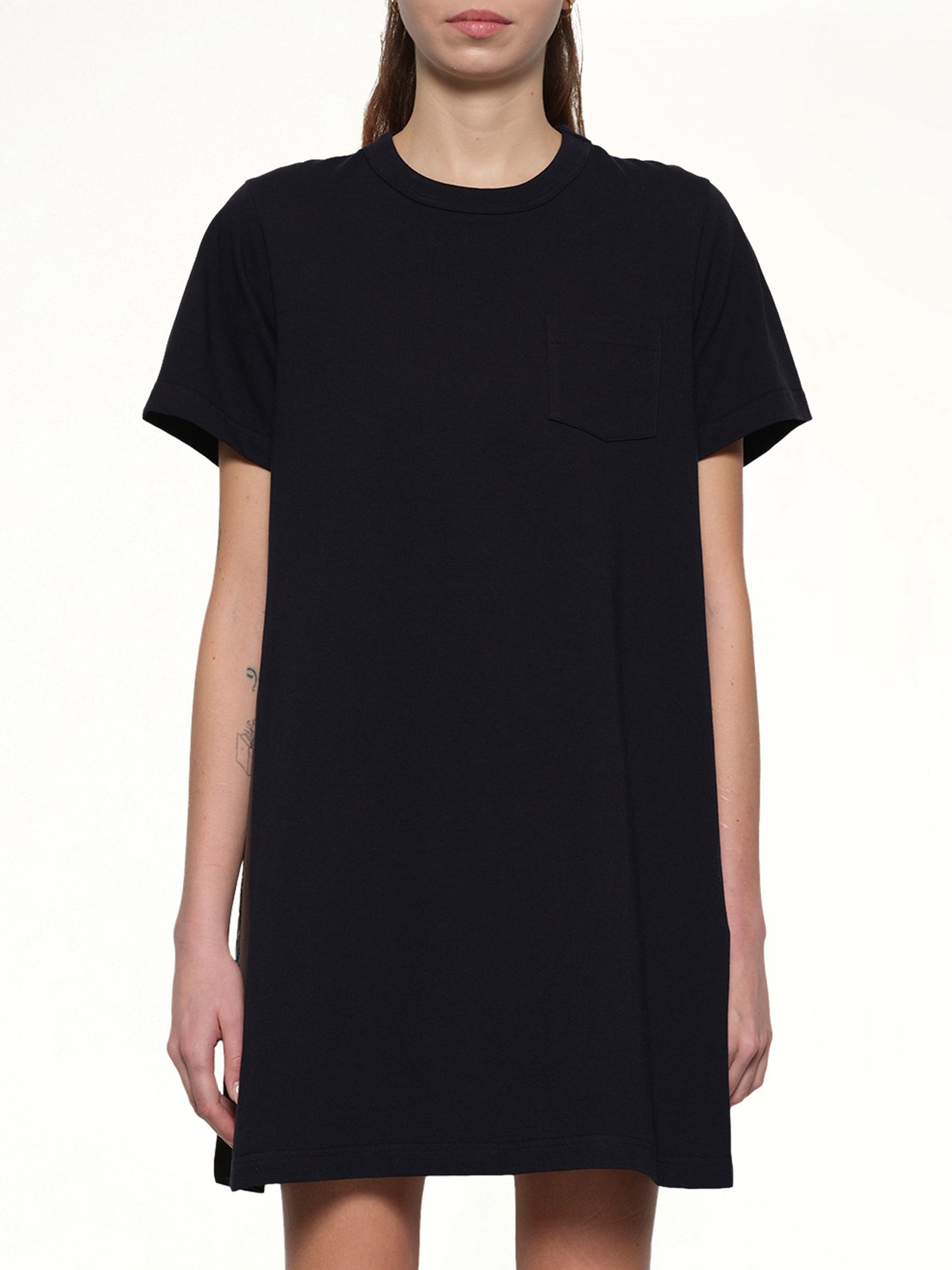 Image of a model wearing Tops. Productname: SACAI Paisley Print x Cotton Jersey Dress in Navy/Khaki colour by brand - SACAI