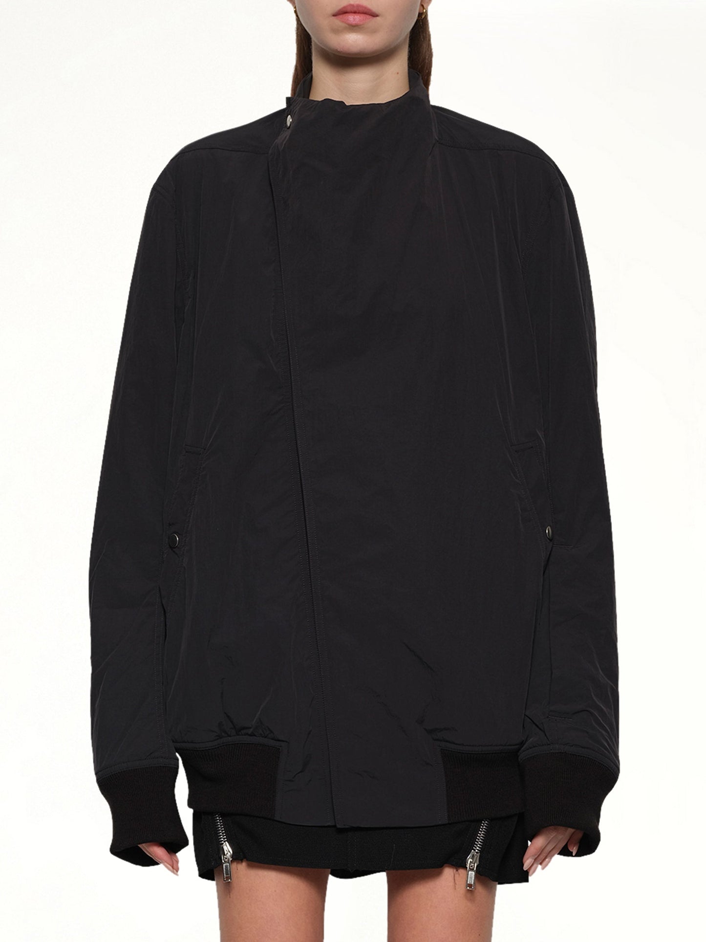 Image of a model wearing Outerwear. Productname: RICK OWENS Hollywood Flight Jacket in Black colour by brand - RICK OWENS