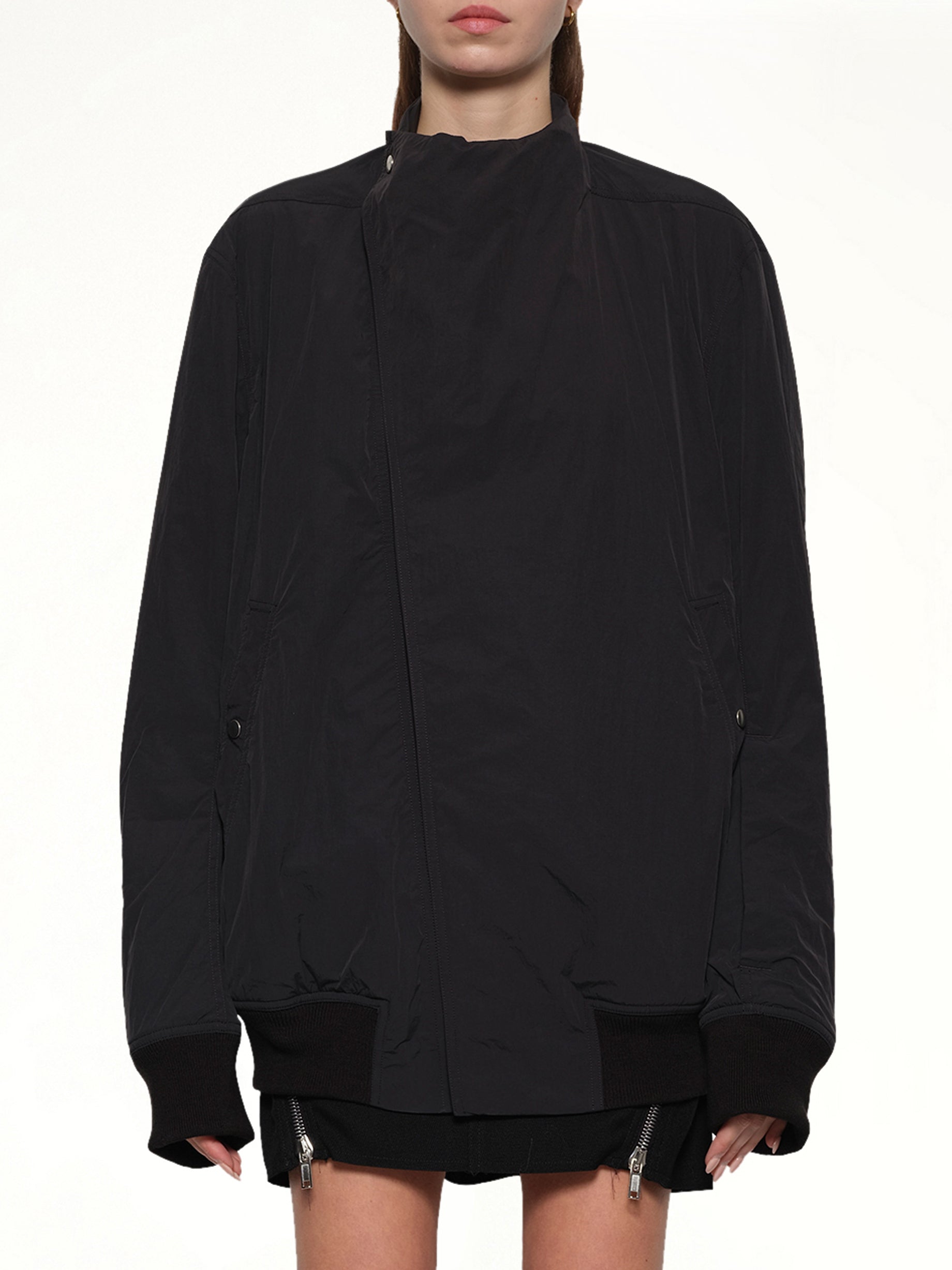 Image of a model wearing Outerwear. Productname: RICK OWENS Hollywood Flight Jacket in Black colour by brand - RICK OWENS