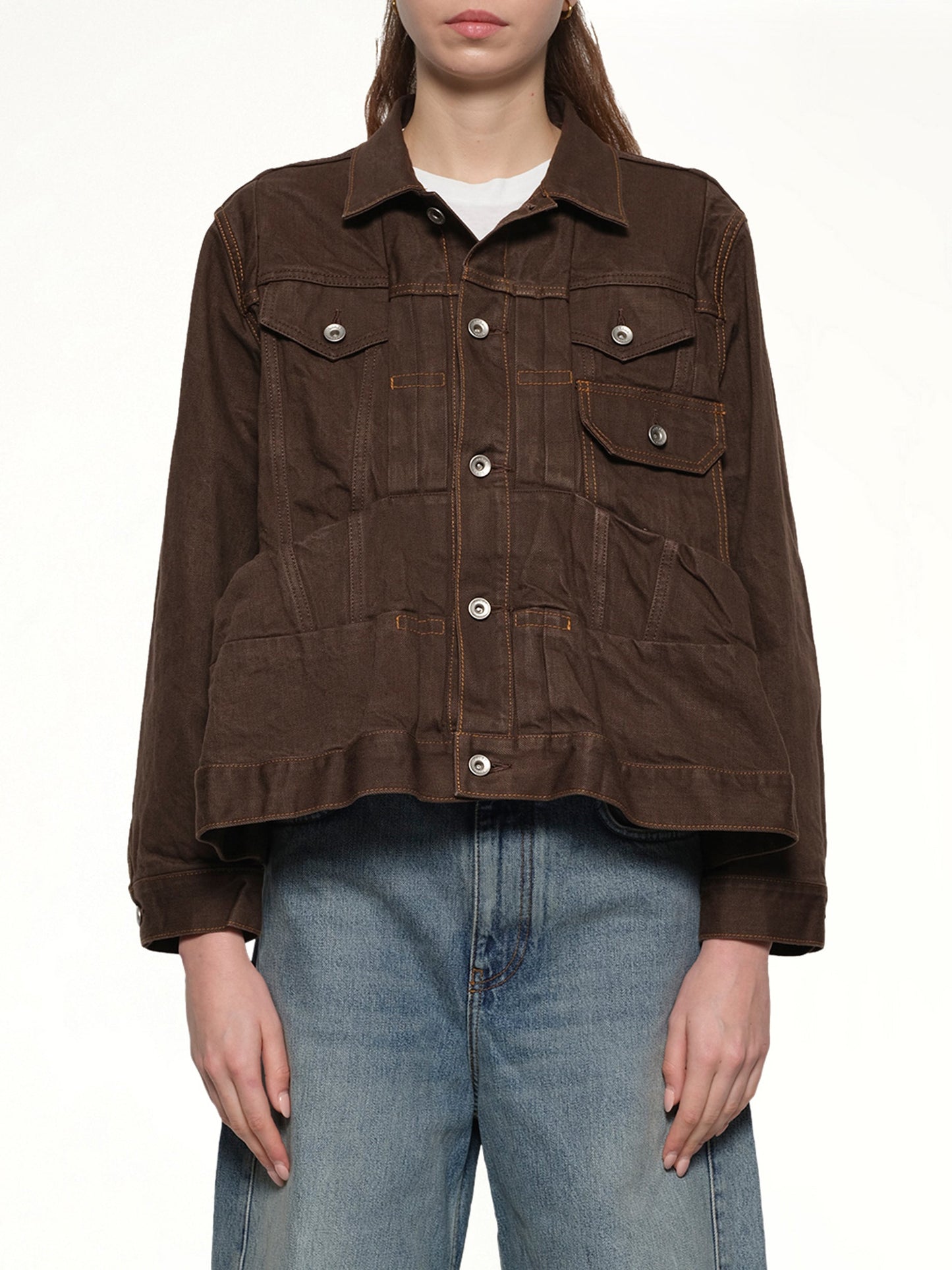 Image of Coats & Jackets. Product name - Denim Jacket in Brown colour by brand - SACAI