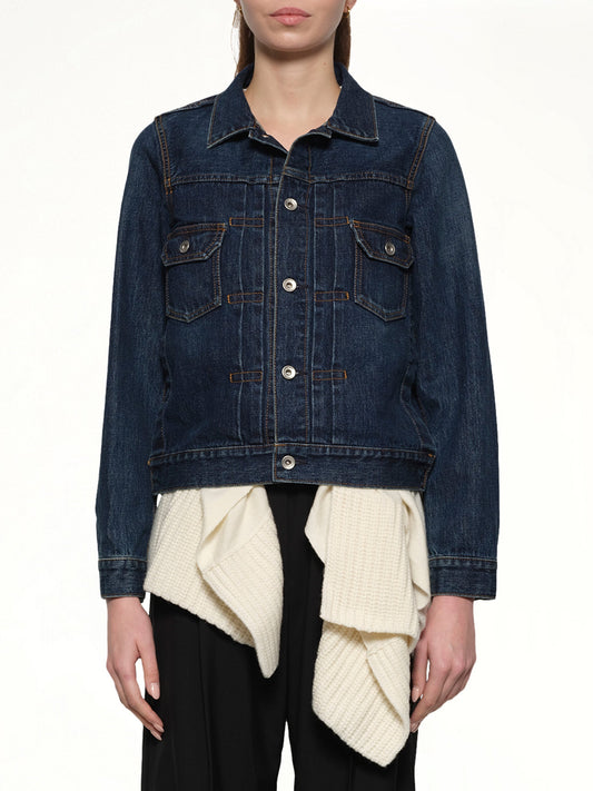 Image of a model wearing Outerwear. Productname: SACAI Denim x Wool Knit Jacket in Blue/Off White colour by brand - SACAI